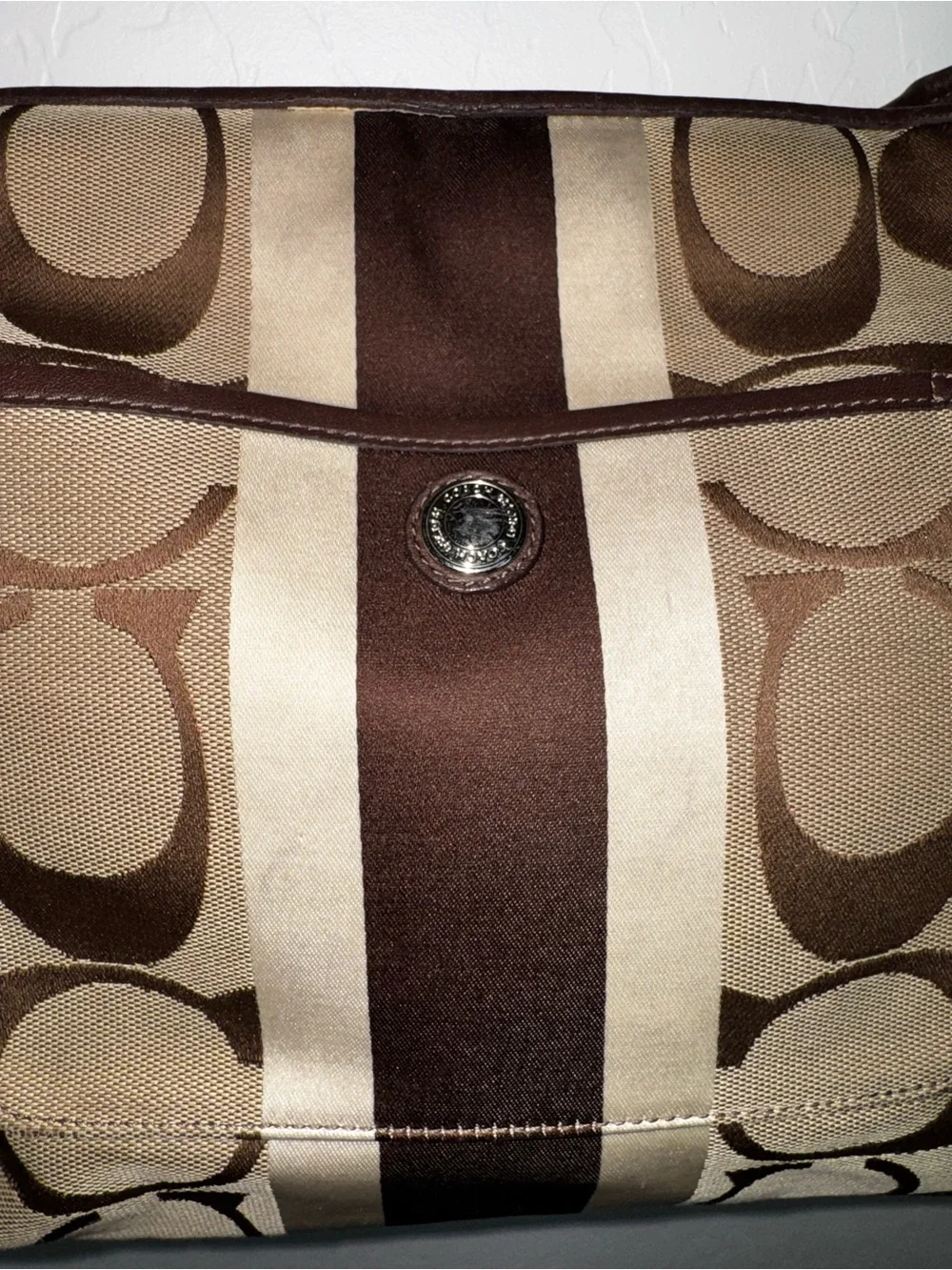 Coach Brown Signature Canvas Shoulder Bag with Dark Brown Stripe